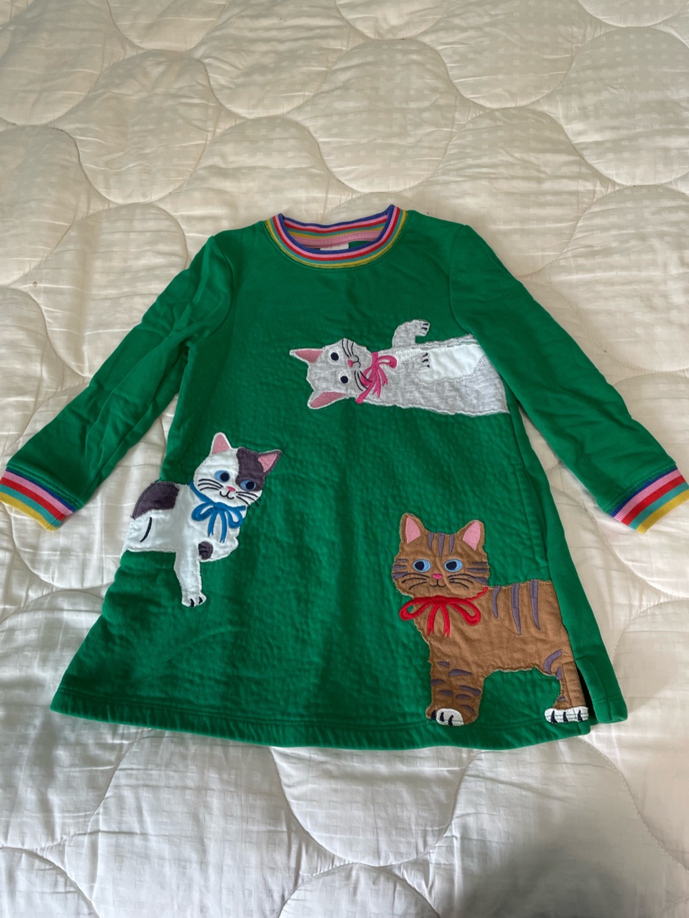 Mini Boden Green Knit Dress with Multi-Color Trim and Cat Appliqués